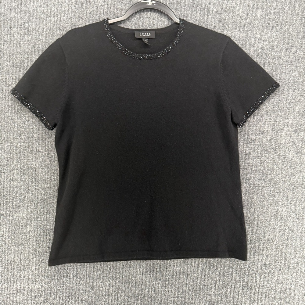 Forte Sweater Womens L Black 100% Cashmere Short Sleeve Classic Old Money Luxury
